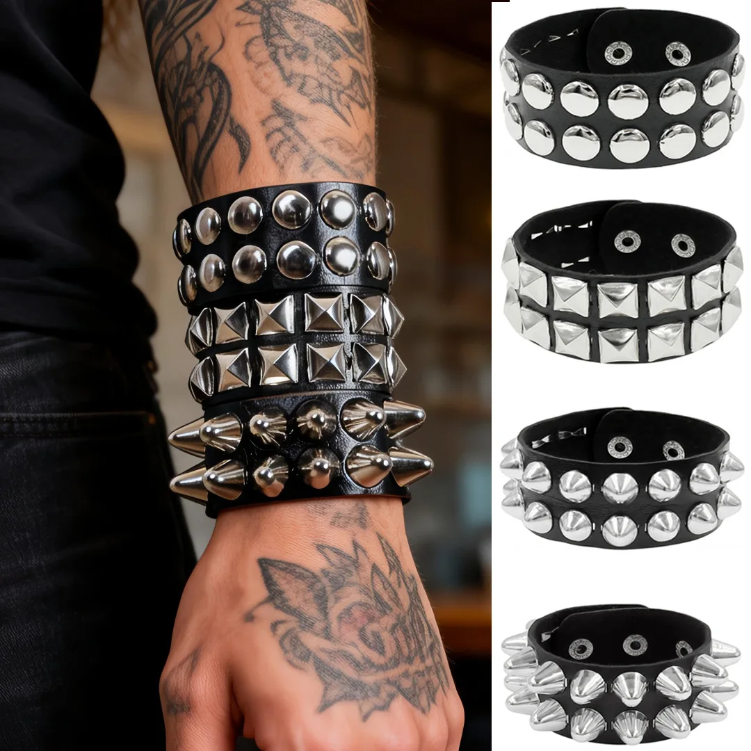 4Pcs/Set Punk Chunky Square Round Taper Rivet PU Leather Wide Bangle Rock Wristband Adjustable Size Unisex Jewelry Bracelets