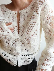 Women Handmade Hollow-out Slim Fit Cardigan 2025 Fashion Trends Crochet Sweater Spring Summer White Knit Bohemain Top
