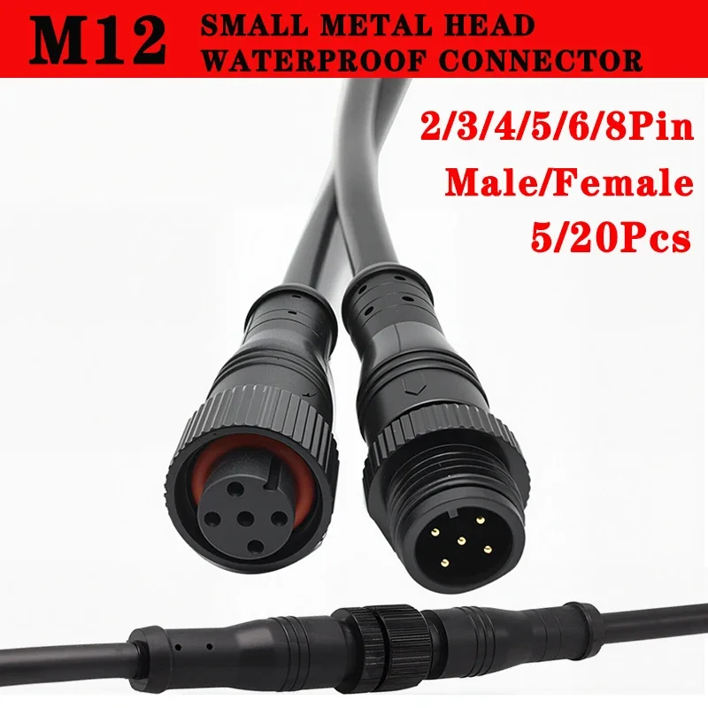5/20Pcs M12 Metal Black Waterproof IP68 2 3 4 5 6 8Pin Power Cable Wire Plug for LED Strips Jack Connector 20cm Male and Female