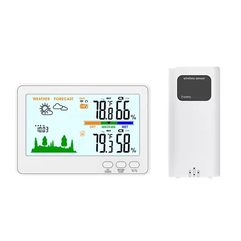 White/Black Color Weather Station,Indoor Outdoor Thermometer Wireless Sensor (50m) Big Display Touch Desk Wall Weather Foricast