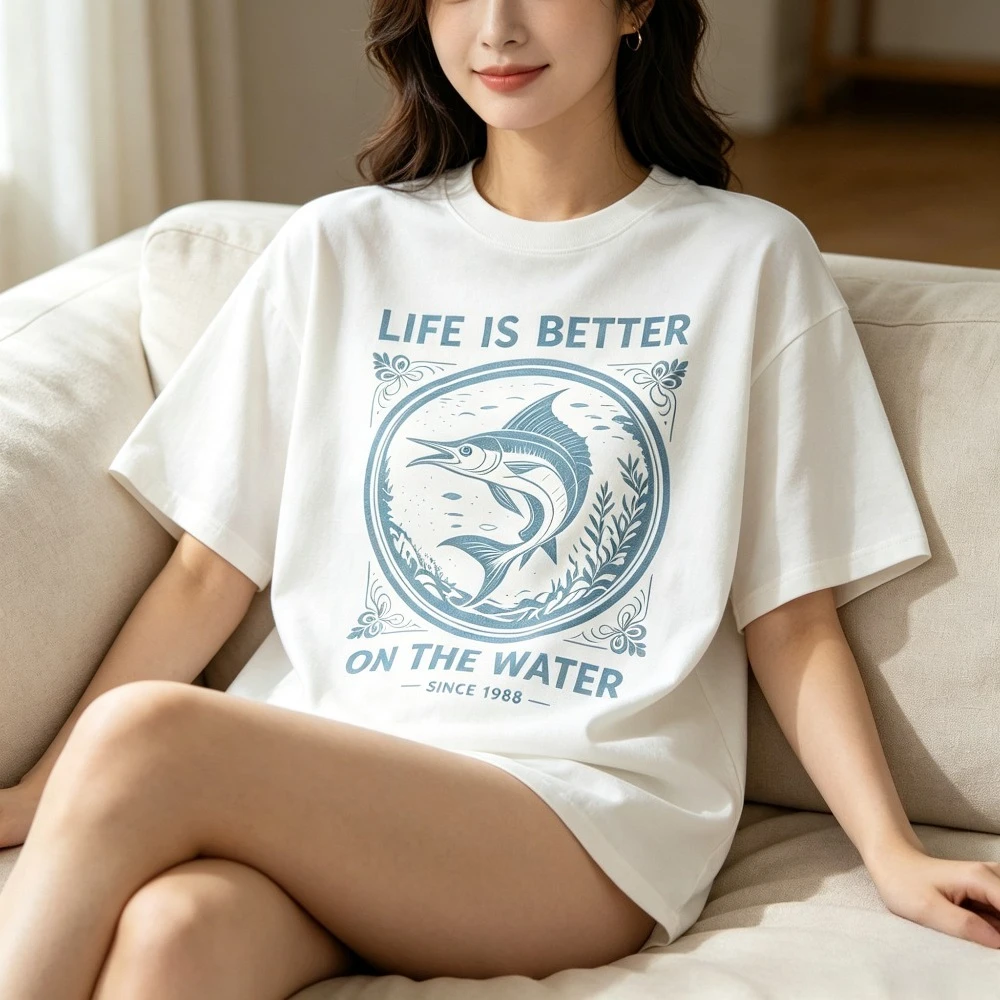 Mens Summer American High Street Retro Marlin Fish Print T Shirt Outdoor Fishing Streetwear Loose Fit Round Neck Casual Tops