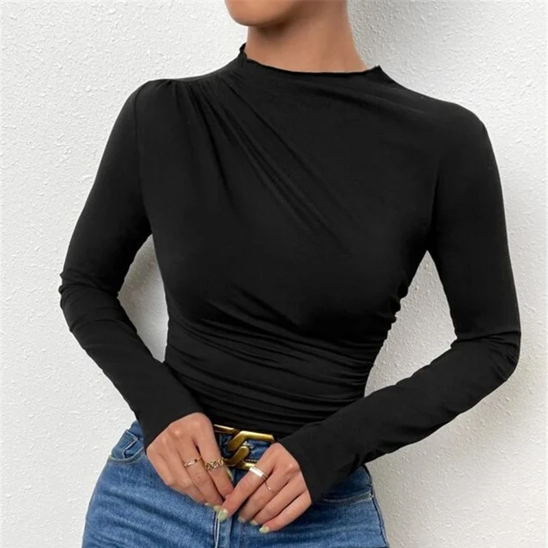 Pleating Design Long SleeveTWomen\'s Solid Color Slim Bottoming Shirt All-Matching round Neck T-shirt