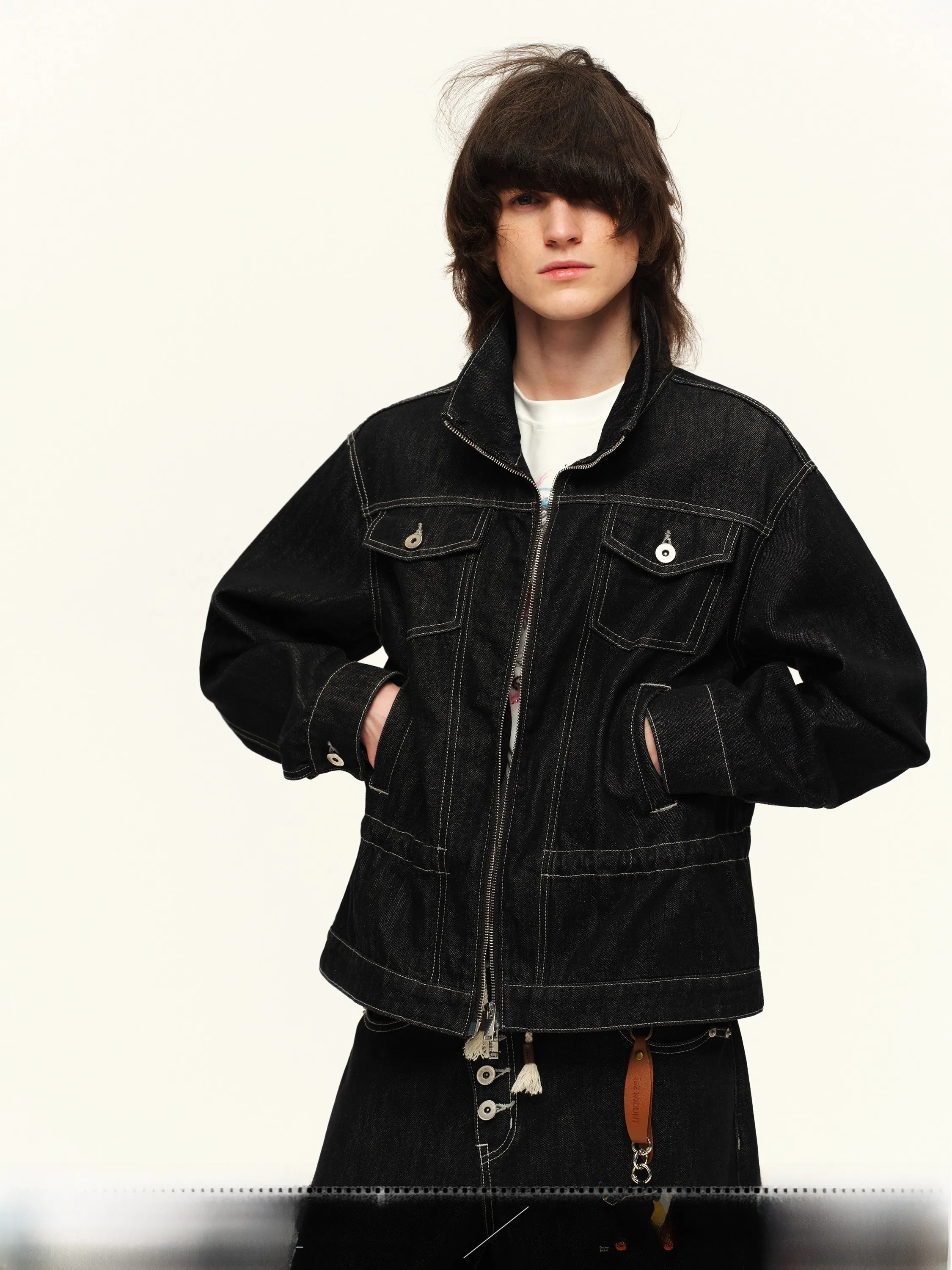 

Adjustable Waist Vintage Vertical Stripe Original Denim Jacket Unisex Spring Autumn Workwear Jacket Thickened Cotton Polyester