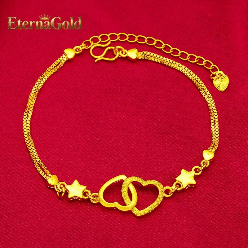 EternaGold  Double Heart Bracelet for Women, 24K Gold, AU999 Polished connected hearts with diamonds on delicate chain sweet for