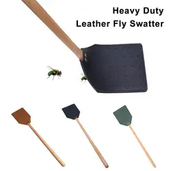 Leather Fly Swatter Long Handle Beech Wood Manual Fly Outdoor Fly Killer Mosquito Swatter Portable Repellent C6I7