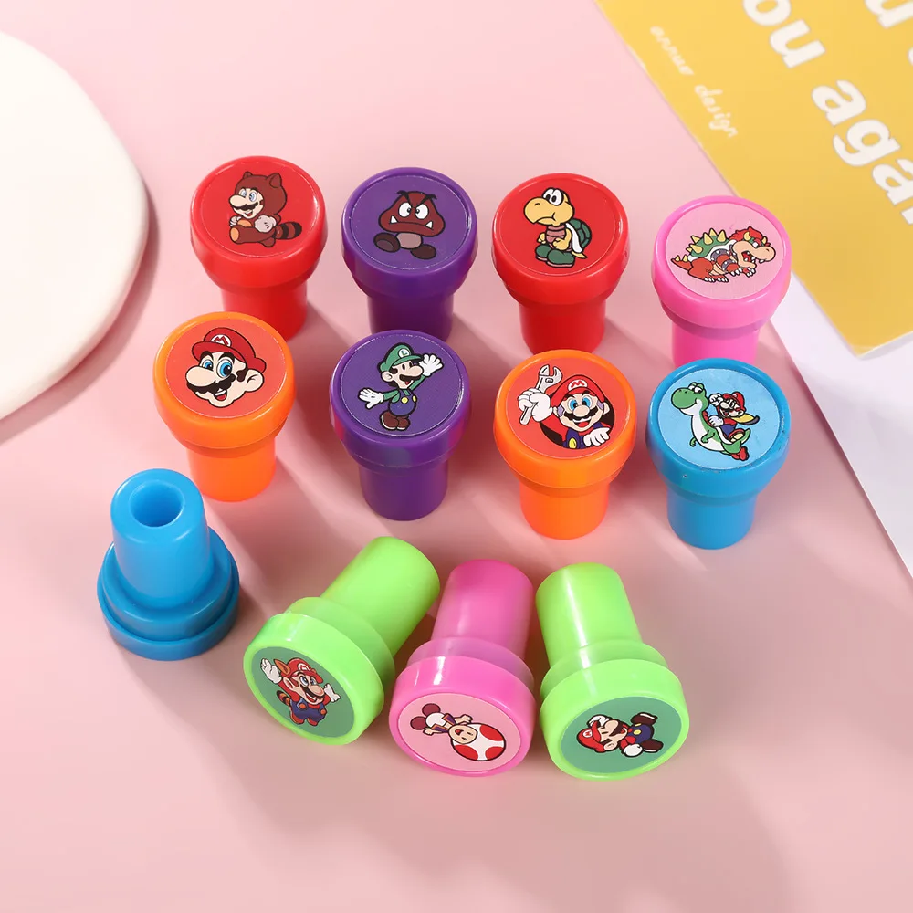 Timbres Super Marios pour enfants, 12 pièces, figurines d'action, chevalière pour enseignant, récompense, accessoire pour enfants, jouets classiques, cadeau
