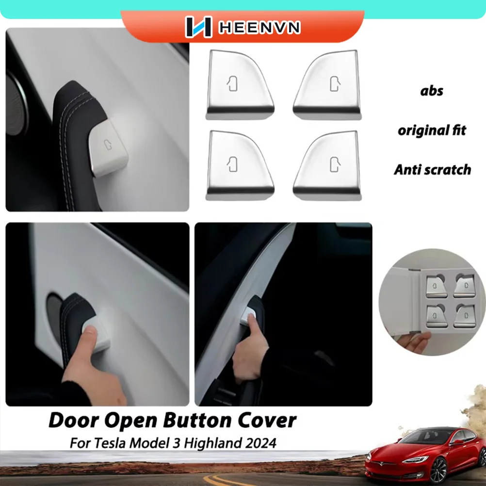 HEENVN 4Pcs Door Opening Button Cover For Tesla Model 3 Highland/Y Juniper ABS Door Open Switch Trim Sticker Interior Accessorie