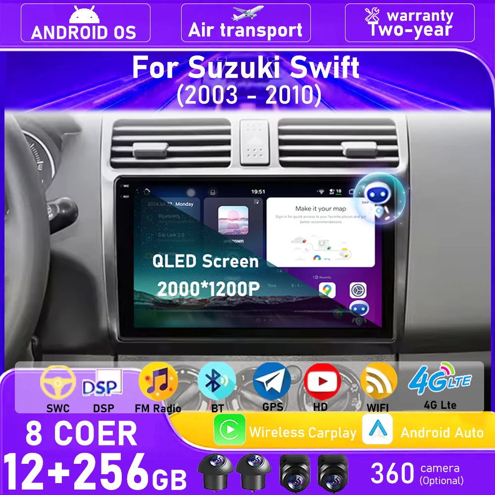 

Автомобильное радио Android 16 для Suzuki Swift 2003-2010, мультимедийный видеоплеер, GPS-навигация, QLED сенсорный экран, Carplay 4G BT DSP