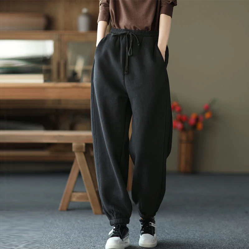 Warm Winter Sweatpants Women Autumn Winter Plus Velvet Harem Trousers Vintage Oversized Stretch Casual Ankle-Length Pantalones