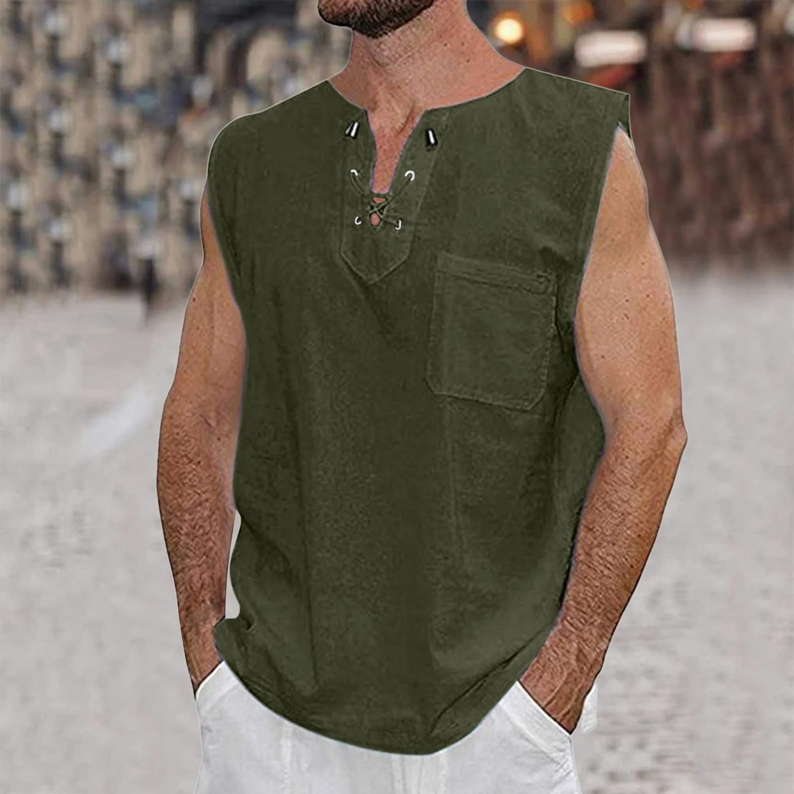 Mens Summe Tank Tops Cotton Linen Casual Sleeveless Shirt Tops Loose Lace Up V-neck Medieval Fashion Tees Shirts Male Streetwear