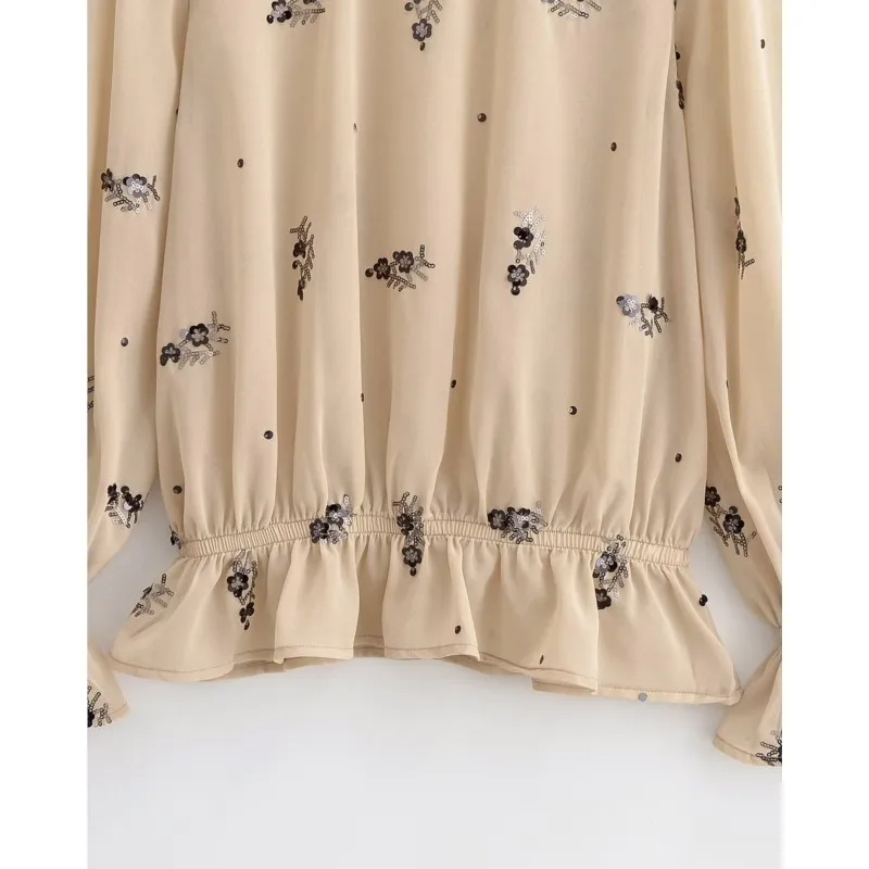 Vrouwen Kraal Bloemen Opstaande Kraag Blouse Lente Herfst Doorschijnend Mode Shirt Met Lange Mouwen Vrouwelijke Losse Elegantie Shirts