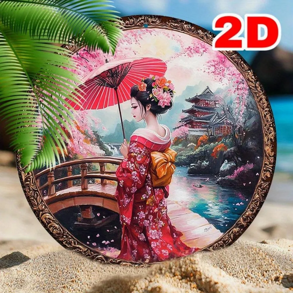 Tanda Aluminio Bulat, Saiz 8x8 inci (20x20cm), Reka Bentuk Geisha Jepun dalam Kimono, 2D, Tanda Hiasan Logam