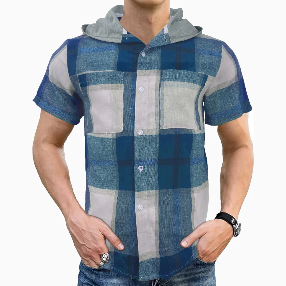 

Retro Plaid Hooded Short Sleeve Men's Shirts Casual Multiple Pockets Clothing Male Rugular Fit Daily Sports Tops Chemise Hombre