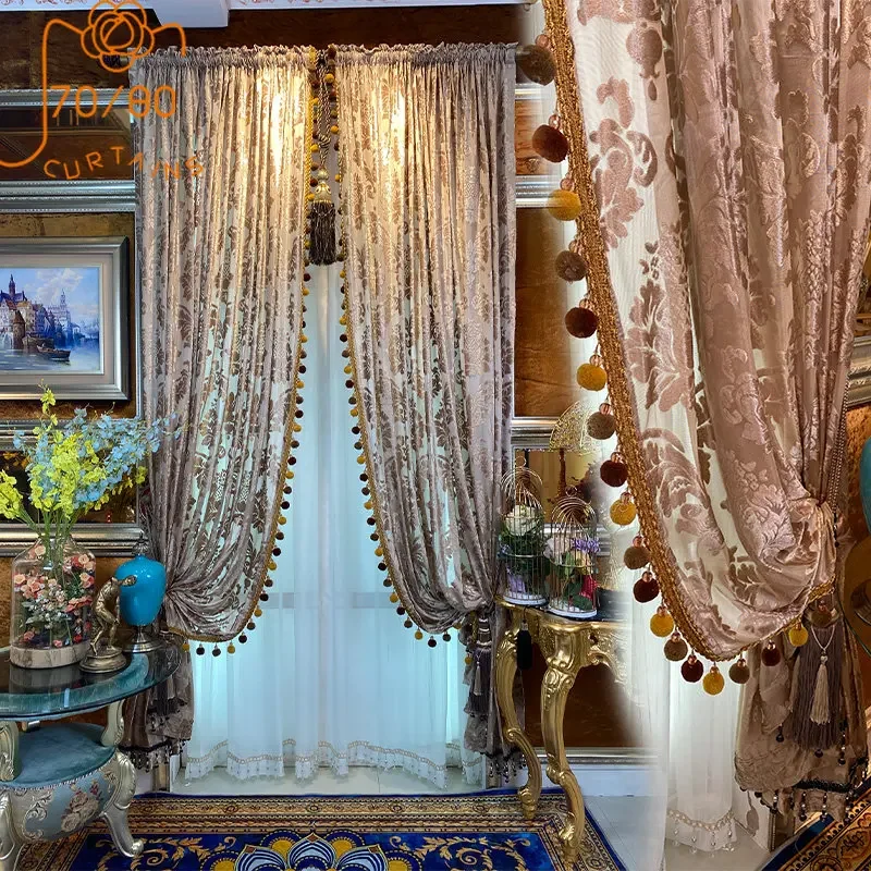 New High-end European Coffee Purple Velvet Jacquard Window Curtains for Living Room Balcony Villa Finished Products Customized