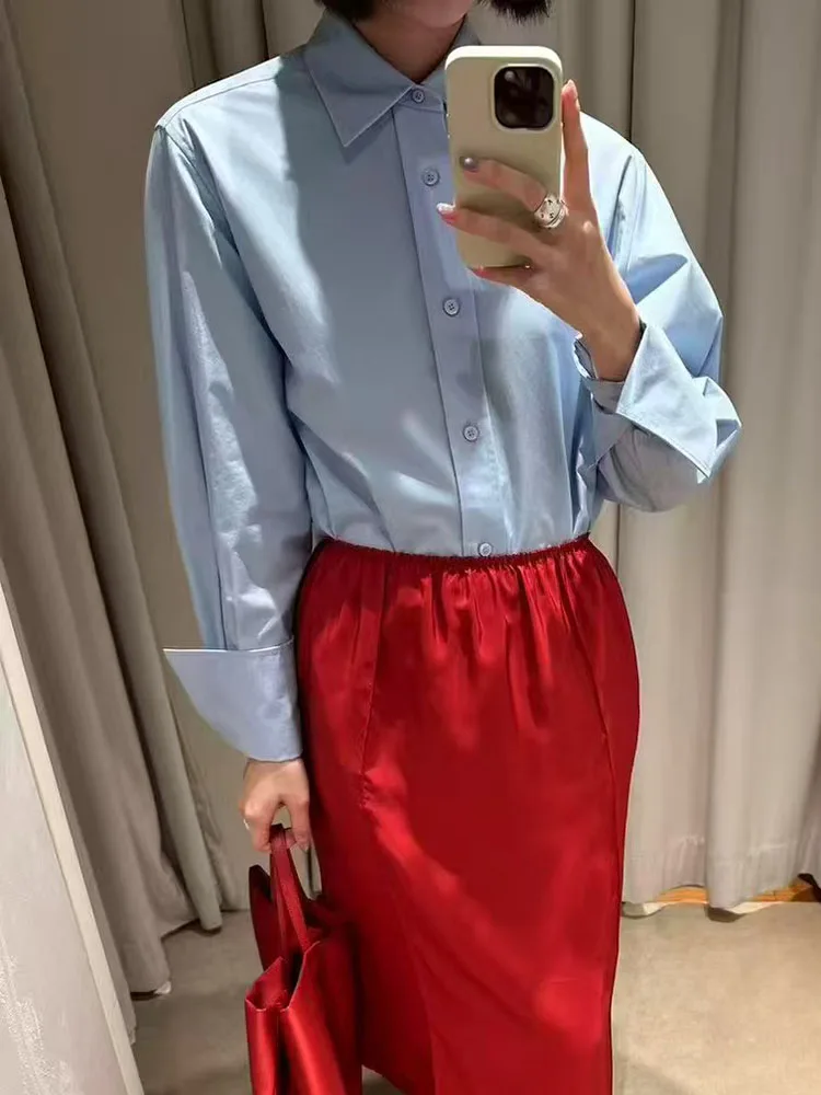

Minimalist style v-neck long-sleeved blouse for women. Loose single-button business casual all-purpose top. 2026 new design.