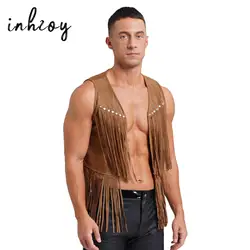 Men Fringe Vest Brown Leather Suede Vest Tassels Vintage Western Cowboy Vest Cardigan Waistcoat Jacket Halloween Cosplay Clothes