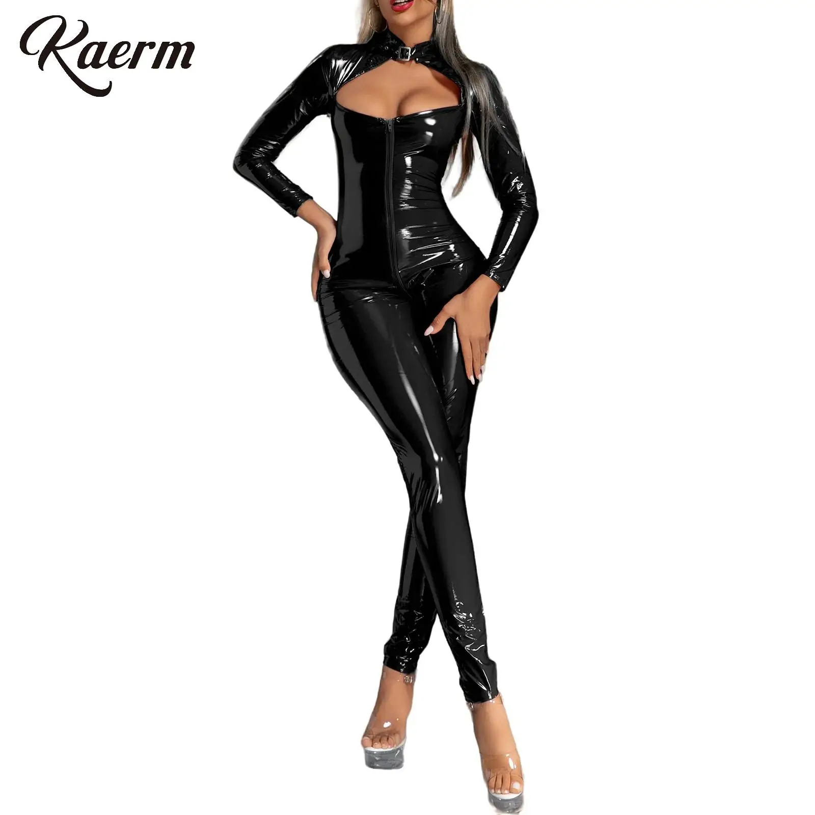 Women's Patent Leather Cosplay Costume Long Sleeve Cut Out Sexy Catsuit Zipper Crotch Bodysuit Nightclub Rave Party Dance Outfit