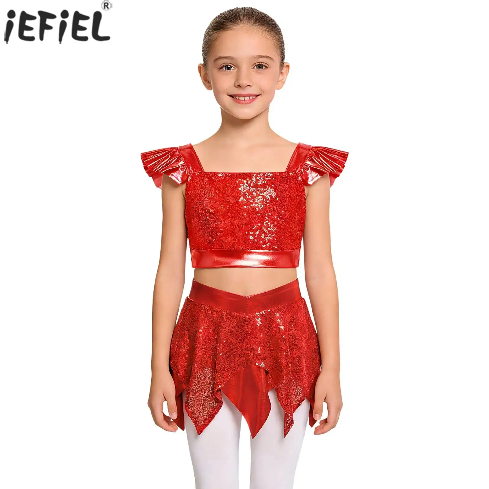 Kids Girls Jazz Dance Performance Outfit Ruffled Sleeves Shiny Sequin Metallic Crop Top Skirt for Cheerleading Hip Hop Dancing