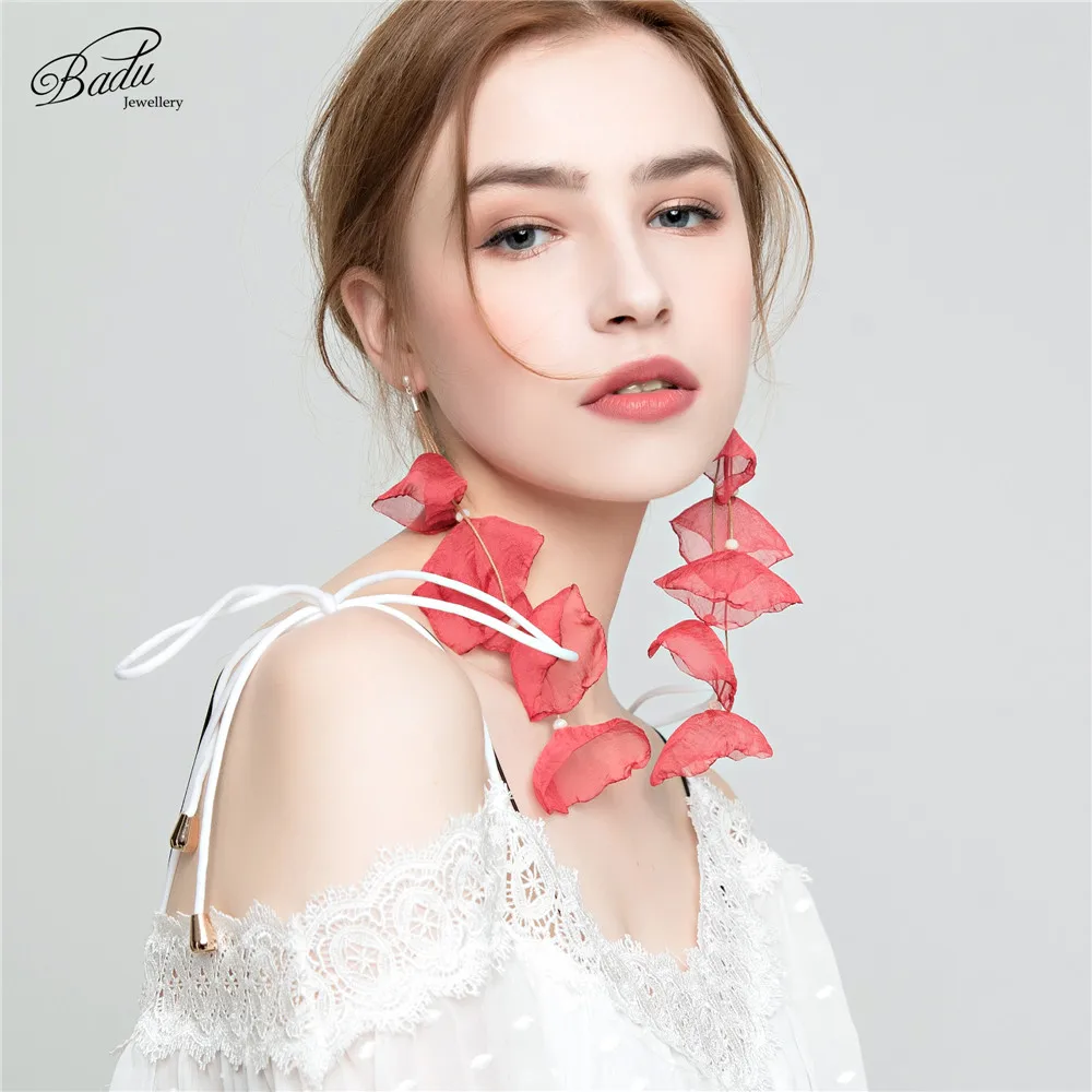 Badu Long Yarn Flower Earrings Bohemian Handmade Big Tassel Jewelry Colorful Drop Earring for Women Fashion Fabric Fringe Dangle