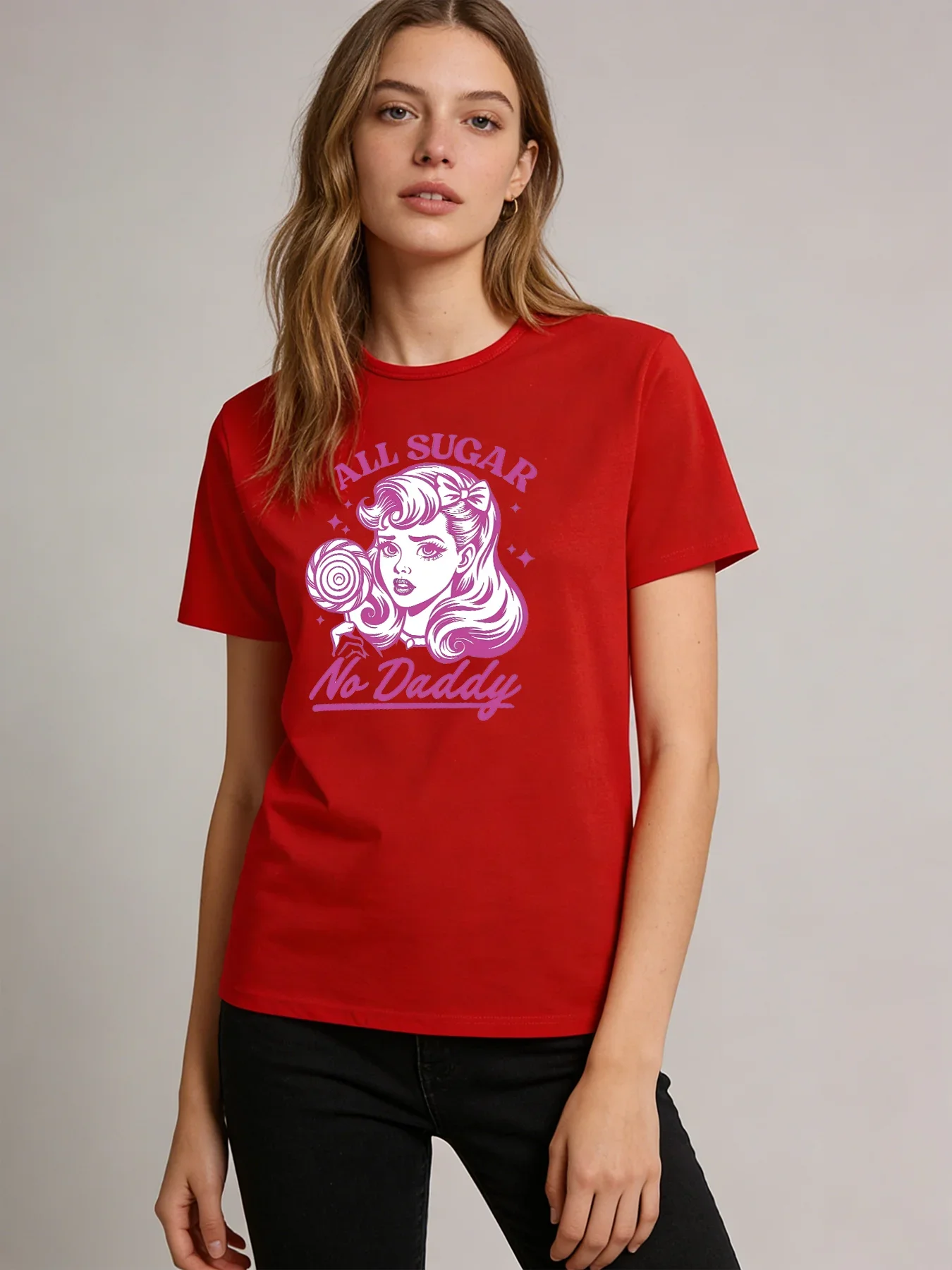 2026 Spring/Summer New Women's T-shirt Retro Poster Girl Pattern T-shirt Casual Round Neck Short Sleeve Top