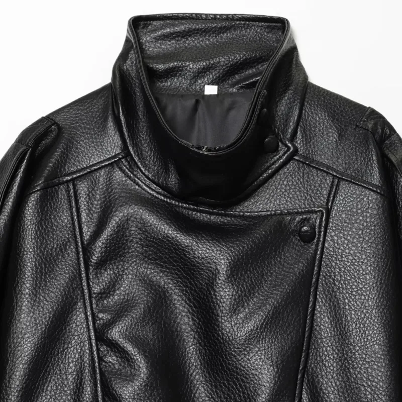 EAEOVNI スタンドカラー黒革ショートジャケット女性のファッションジッパーパッチワークストリートコート 2026 新しいアウターウェア服