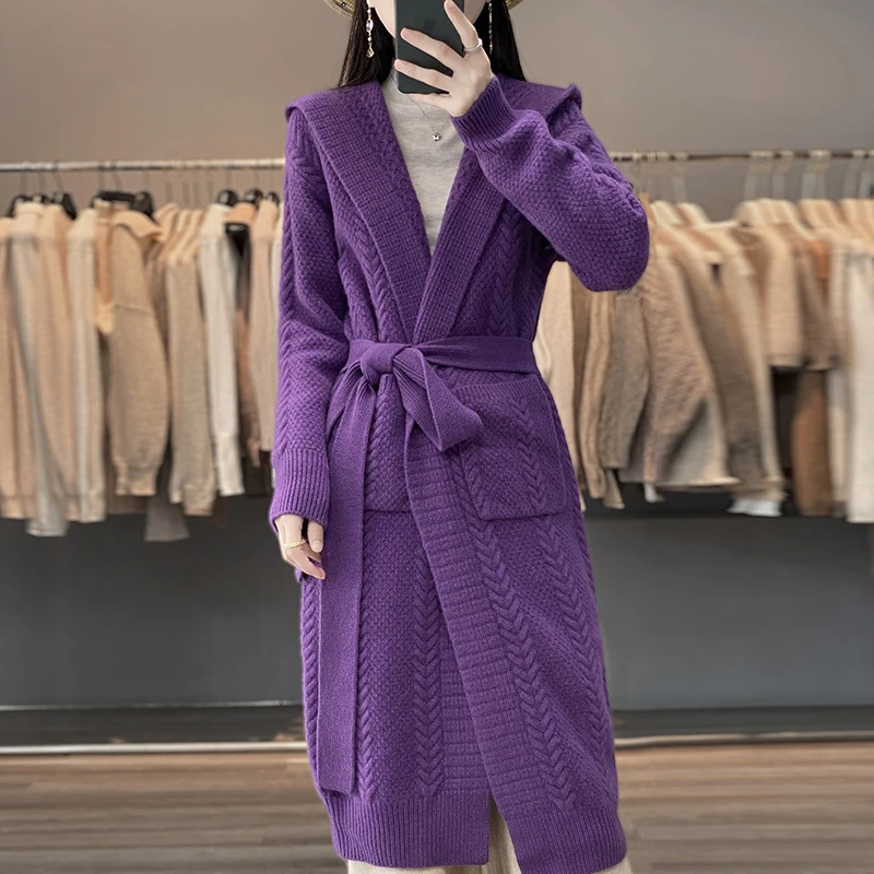 24 New 100% Merino Wool Hooded Coat Women's Fashion Long Sleeve Knitted Long Cardig Sweater