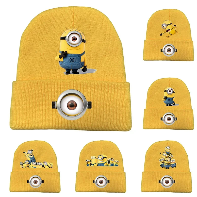 Minions cappelli invernali in tinta unita per donna uomo berretti cappello carino lavorato a maglia Cartoon autunno Beanie Cap Warmer Bonnet Ladies