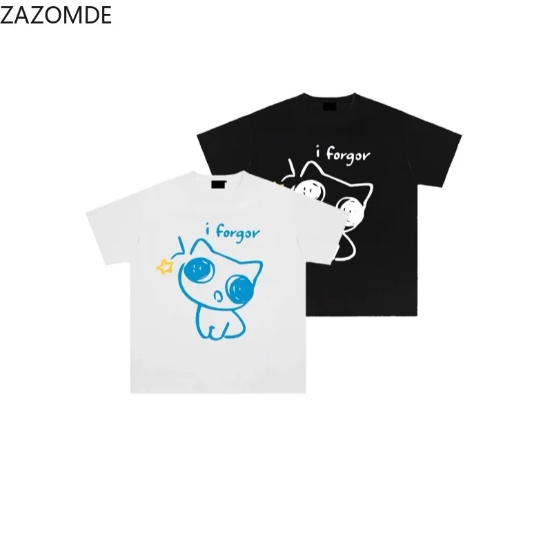 ZAZOMDE Unisex Hand Drawn Cute Cat I Forgor Letter Graphic T Shirt Short Sleeve Tops Casual Aesthetic Streetwear Cotton Tees
