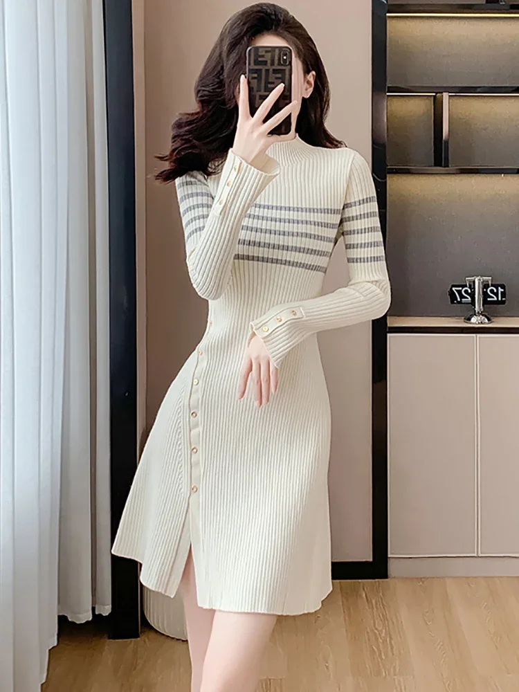 2024 Fashion Knitted Striped Chic A-Line Short Dress Women Elegant Casual Home Dress Autumn Winter Korean Bodycon Thick Sweaters