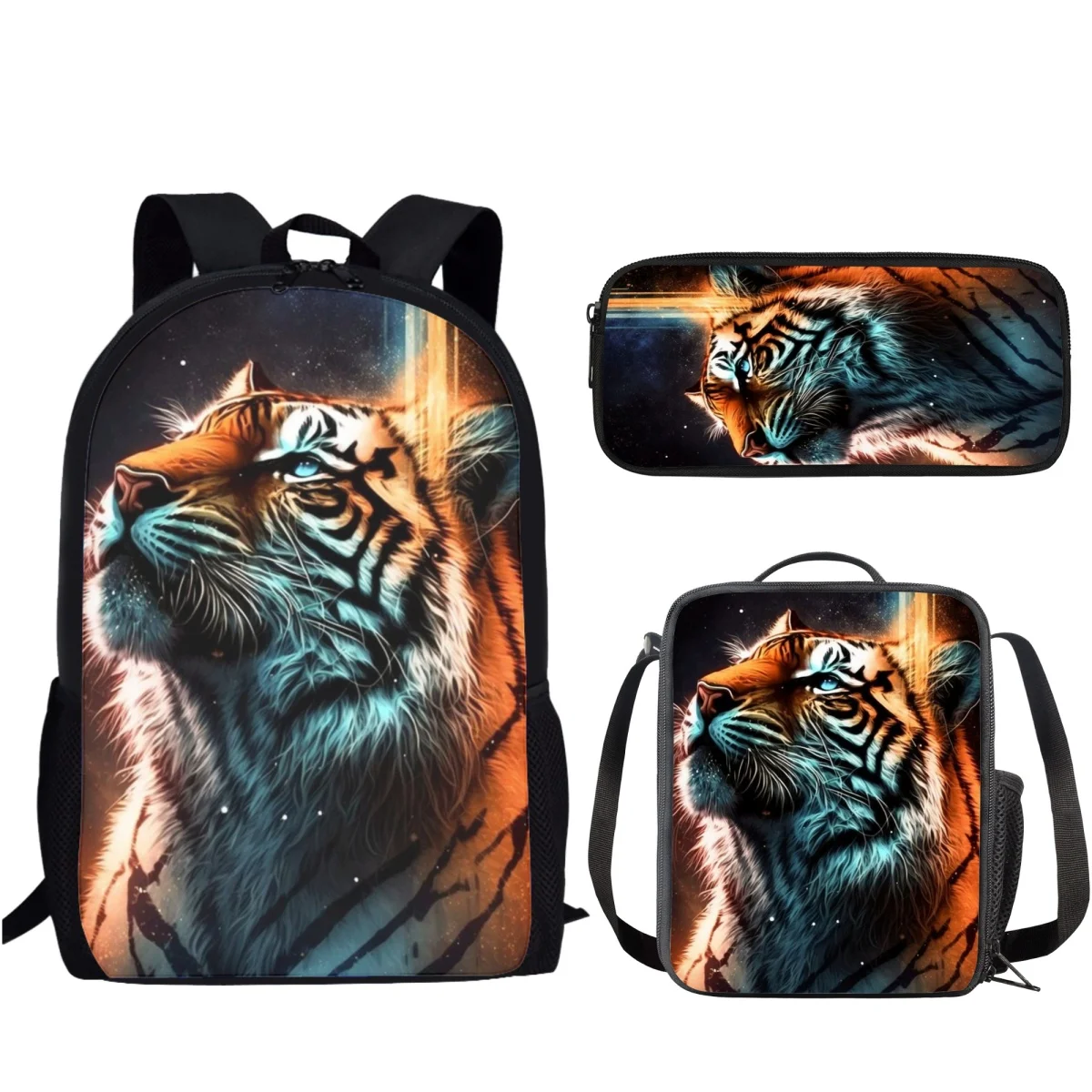 Cool Tiger Backpack for Children 3 Pcs Teenagers Boys School Bag Set with Lunch Bag Pencil Case for Adults Girls School Backpack