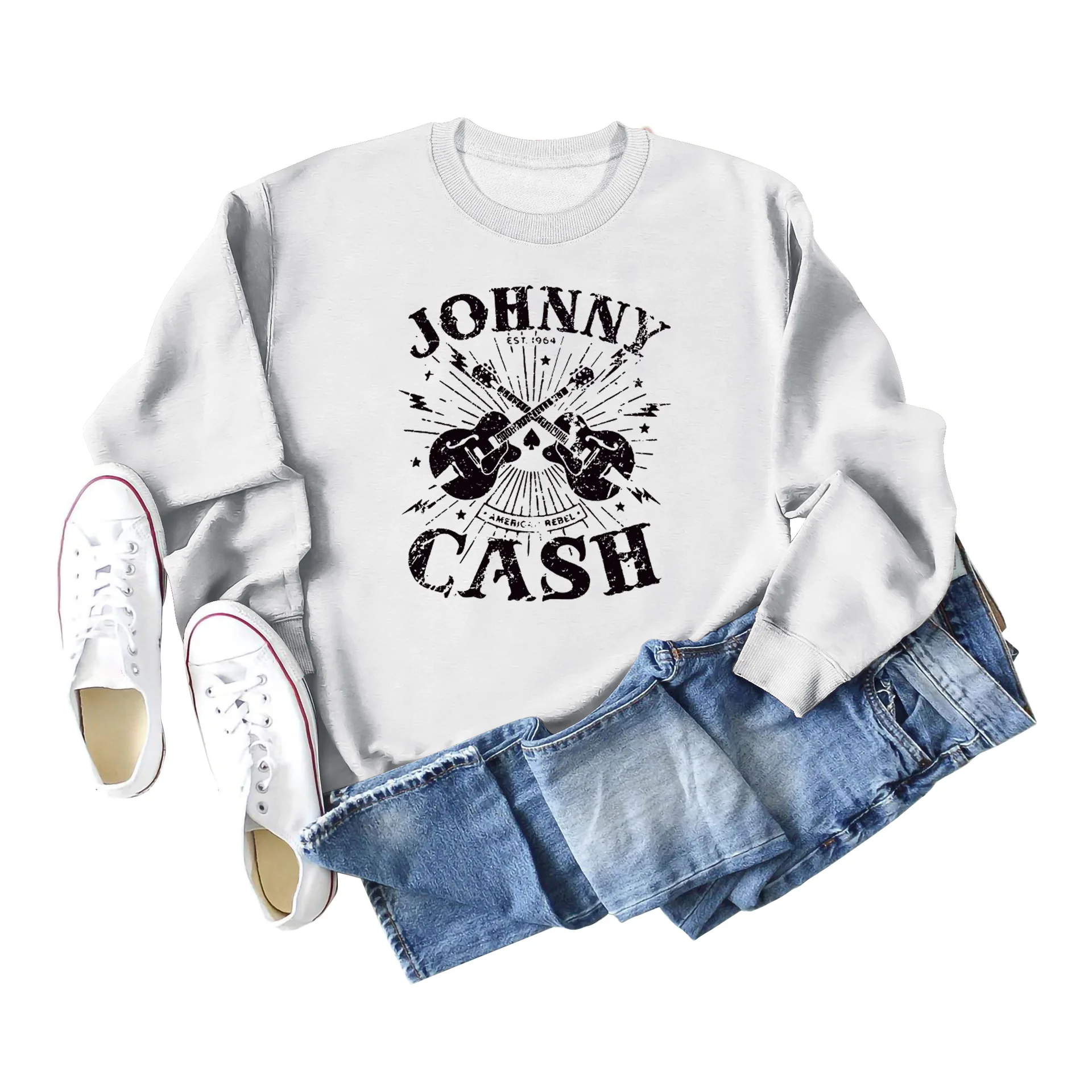 Women\'s Long-sleeved JOHNNY CASH Guitar Sweatshirt Aesthetic Hoodies Women Streetwear Women