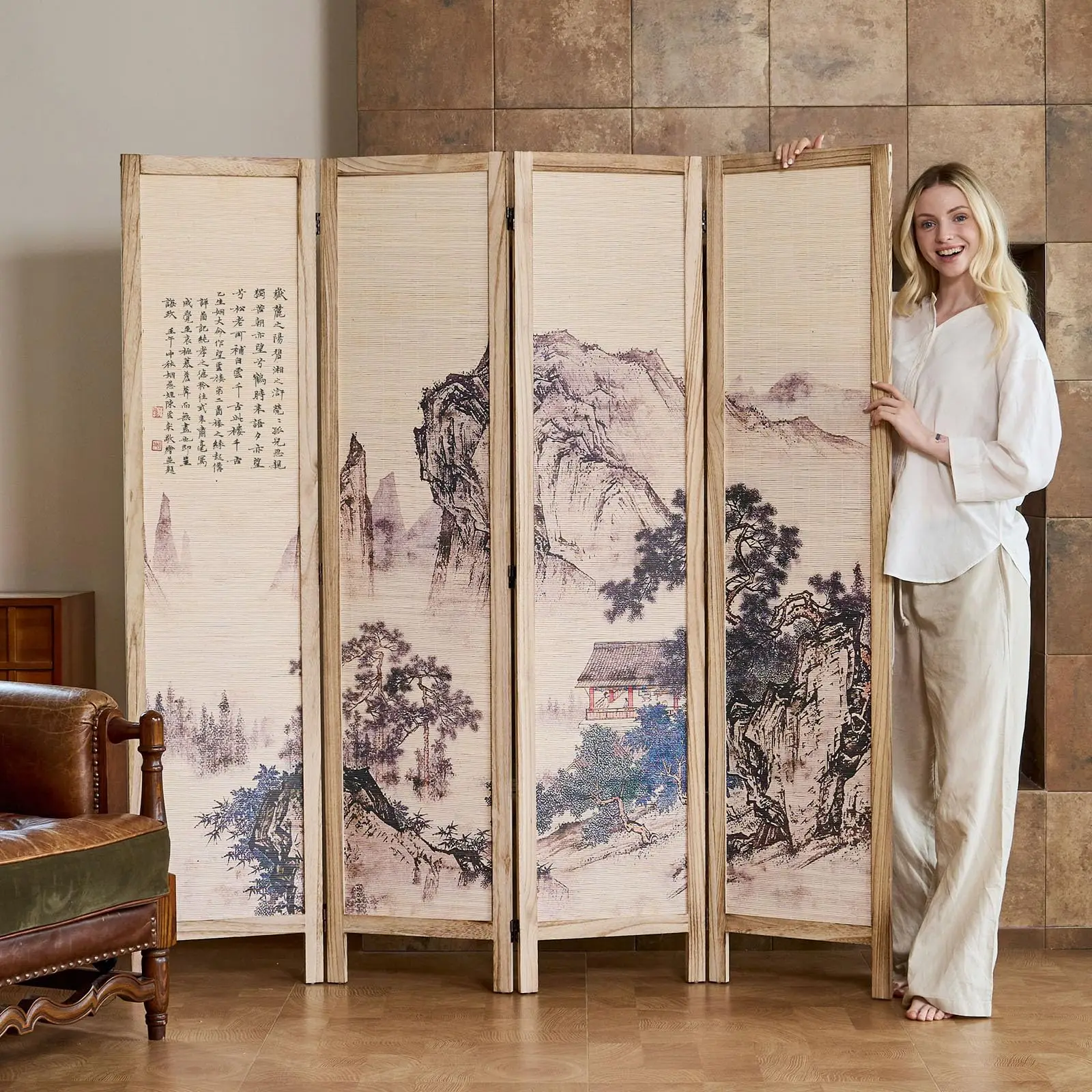 Asian Style Room Divider - 4 Panel Plum Blossom/Mountain/Calligraphy Design with Wood Fe, Freestanding Partition Sn