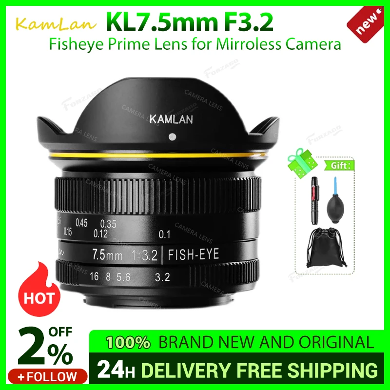 Kamlan 7.5mm F3.2 Prime Lens for Mirroless Camera Wide-Angle Portrait Fisheye Manual Focus Frame M43