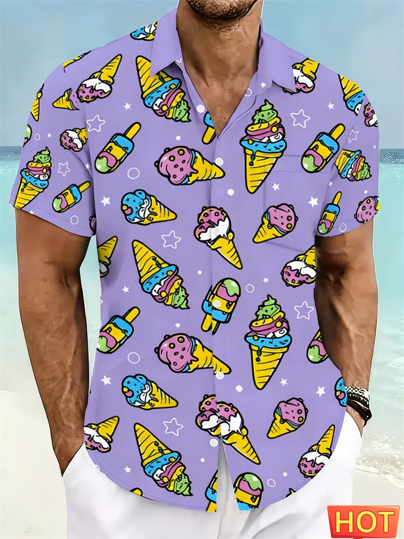 3D Print Cartoon Ice Cream Hawaiian Shirt Men women Summer Street Lapel Shirts Women Short Sleeve Tops Tees Oversized Blouse