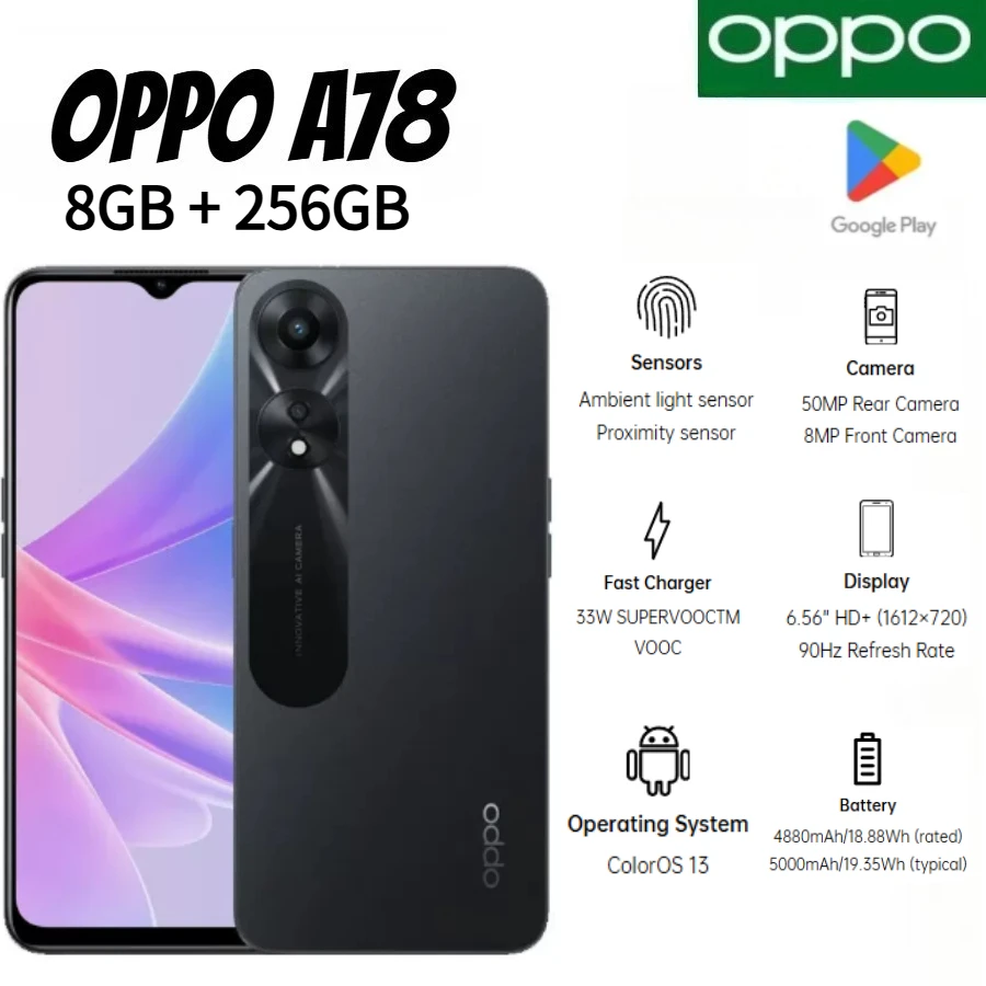 OPPO A78 8GB+256GB Global Version, Dual Nano SIM, 50MP AI Rear Camera, Wi-Fi, Bluetooth, 2026 Latest Model