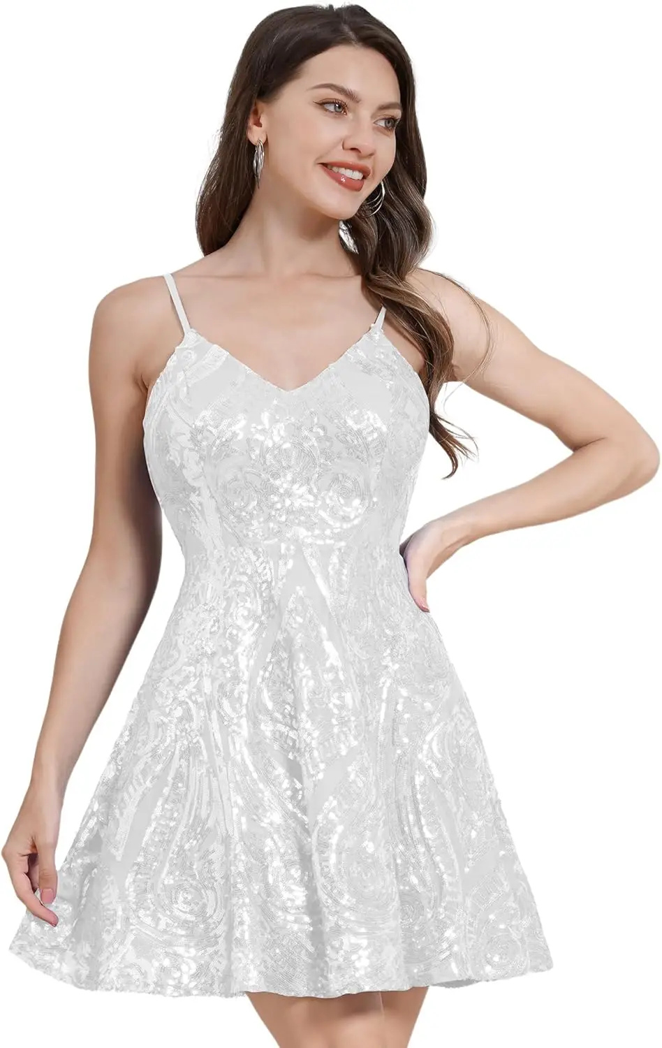 

Women's Spaghetti Straps Sparkly Sequins A Line Swing Party Nightclub Dance Mini Dress Above Knee Length