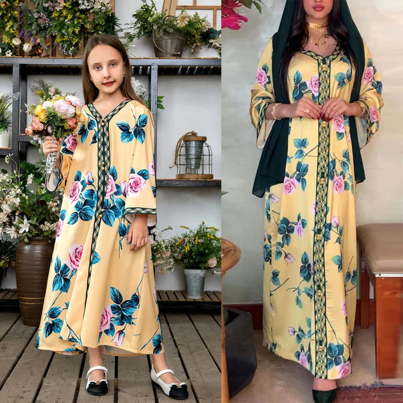 

Muslim Abaya India for Women Kid Dress Ramadan Dubai Kaftan Festival Mother and Daughter Parent-Child Wear Casual Print Clothing