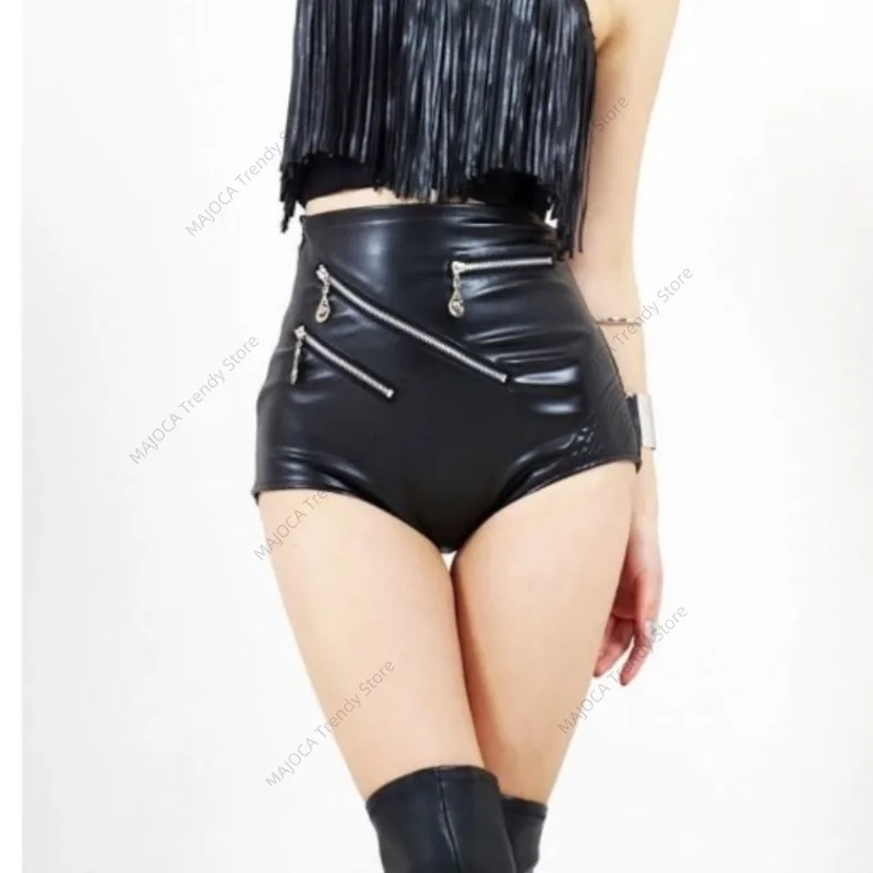 Sexy Faux Leather High Waist Clubwear Shorts for Women Black Elastic Punk Rock Zipper Hot Pants DJ Singer Stage DS Costume