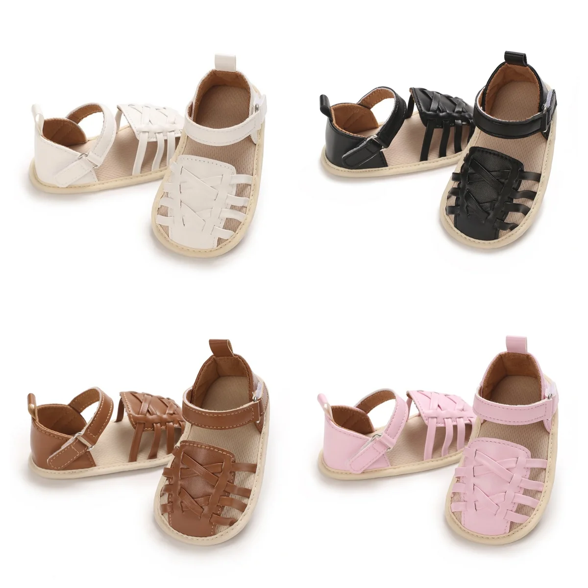 

Fashionable solid color 0 toddler's first toddler crib 0-18M newborn baby summer PU hollow sandals baby shoes soft sole anti sli
