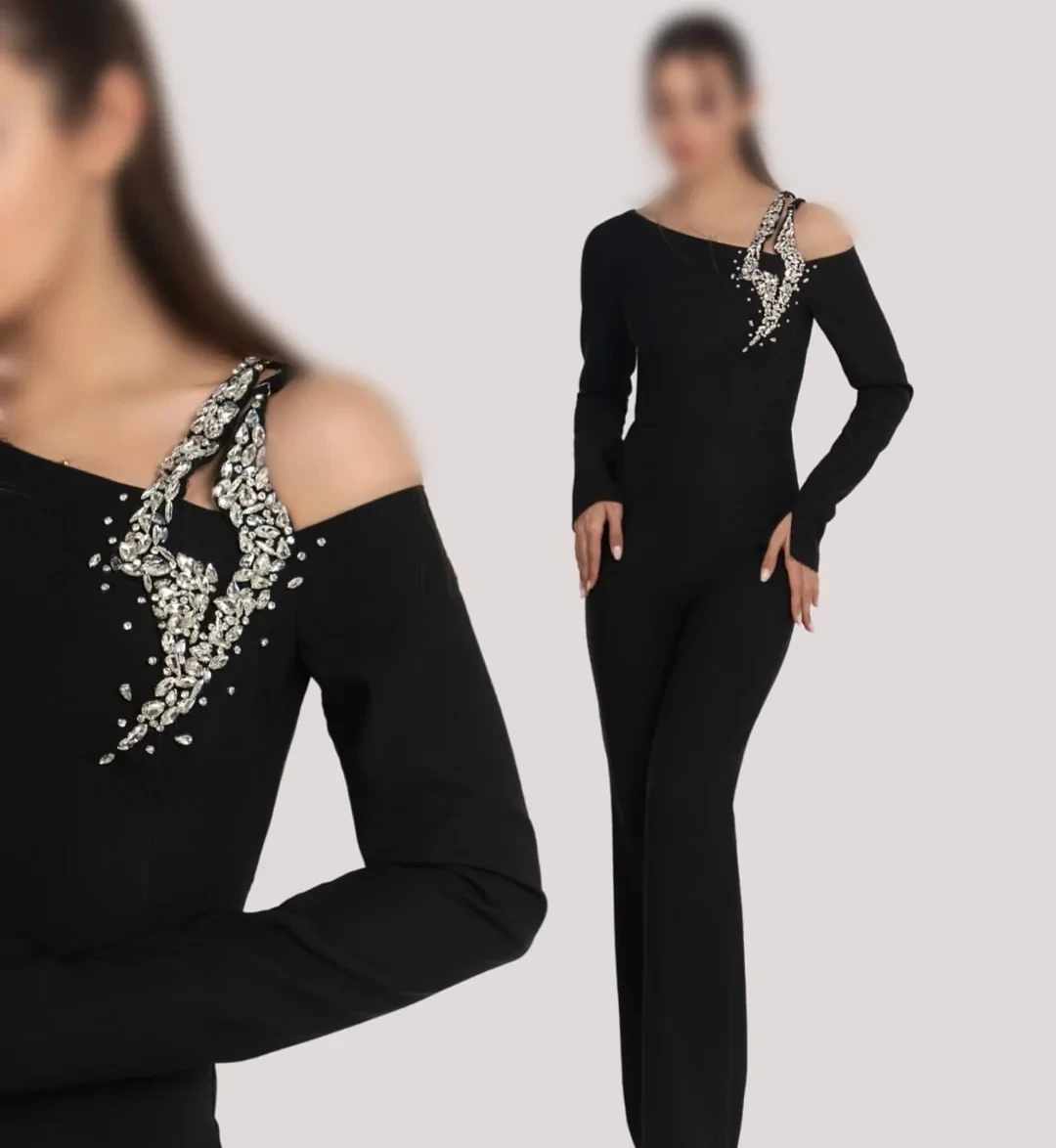

Customized Straight Evening Dresses Floor-length V-neck Full Sleeve Prom Gown Simple Fashion Crystal Backless Party Gown