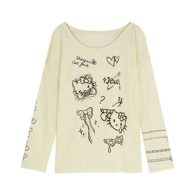 بيكيني سانريو هالو كيتي بأكمام طويلة مكشوف الأكتاف فضفاض للحماية من الأشعة فوق البنفسجية للنساء لقضاء عطلات الشاطئ مقاس كبير