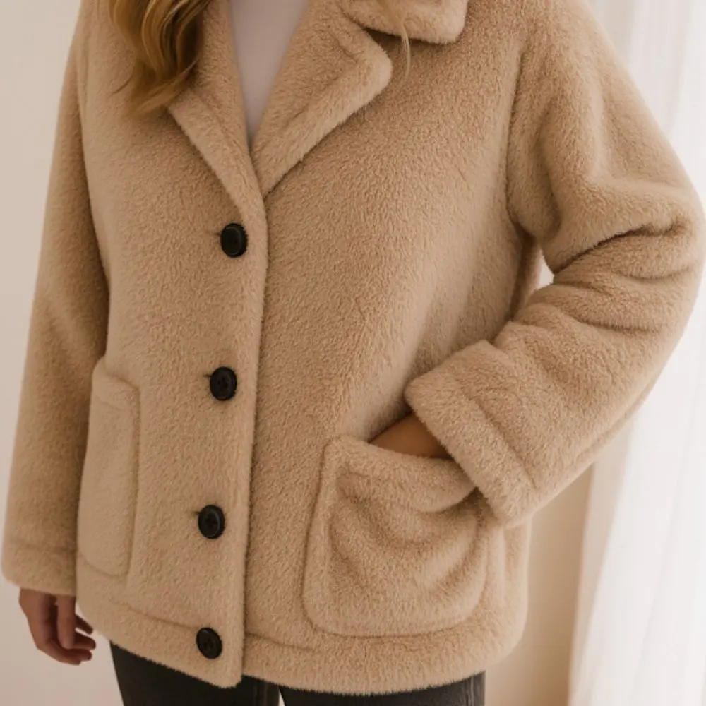 Casaco de pelúcia casual feminino outono inverno moda outerwear confortável material macio sem estilo de decoração