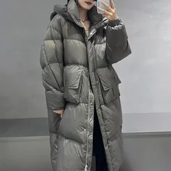 Down Jacket Women Duck Down Coat Fluffy Parkas Hooded Knee Length Loose Puffer Jacket  2024 New Winter Thicken Warm Waterproof