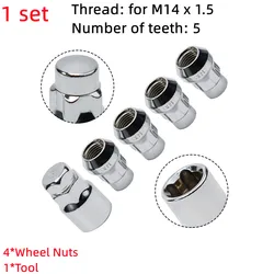 4Pcs M14 X 1.5 Locking Wheel Nuts Tapered Key For FORD S-MAX For Mondeo Silver 5-teeth Tire Anti-theft Screw Accessories