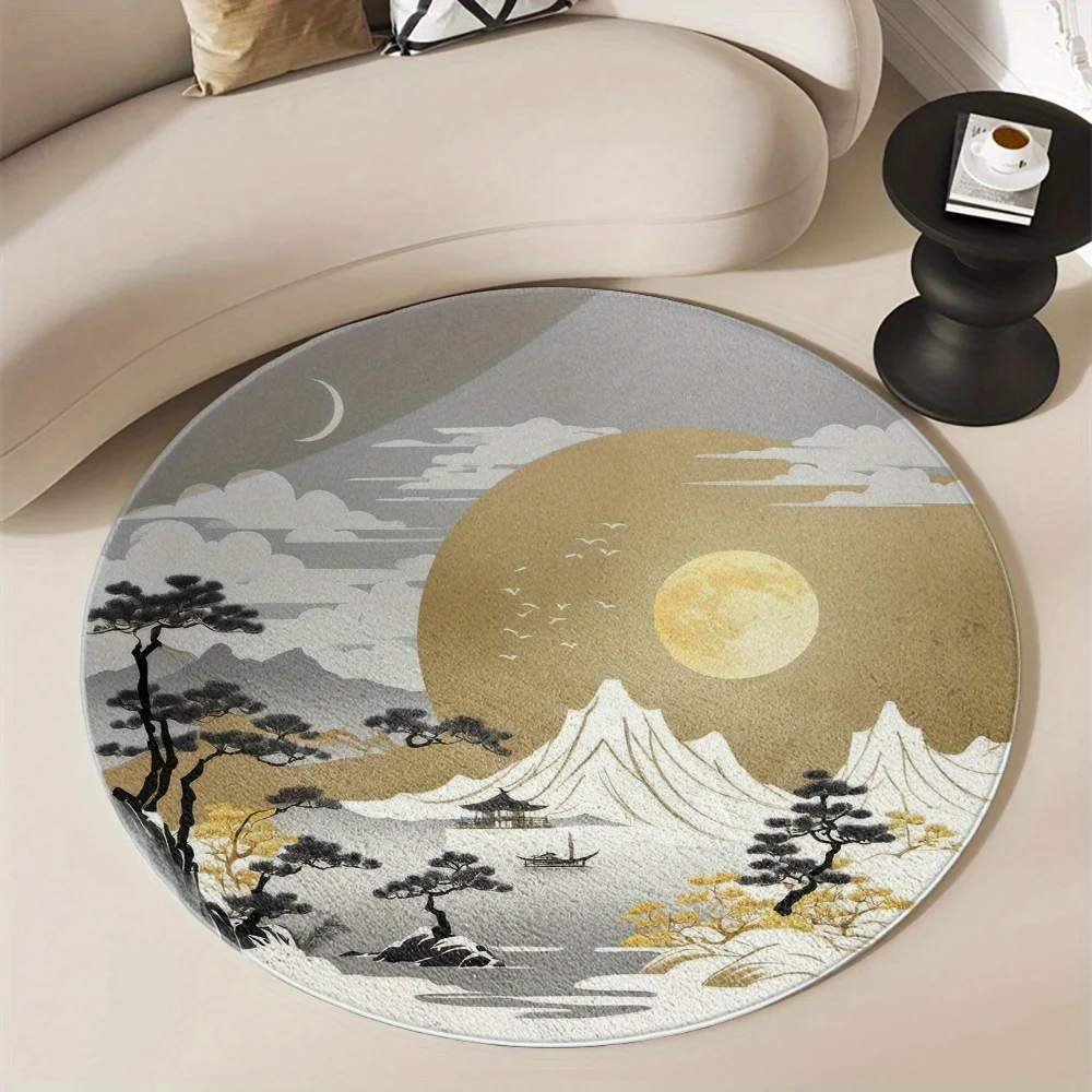 Vintage Watercolor Pink Floral Round Rug Green Tropical Leaf Circular Mat Soft Pastel Botanical Non Slip Carpet for Reading Nook