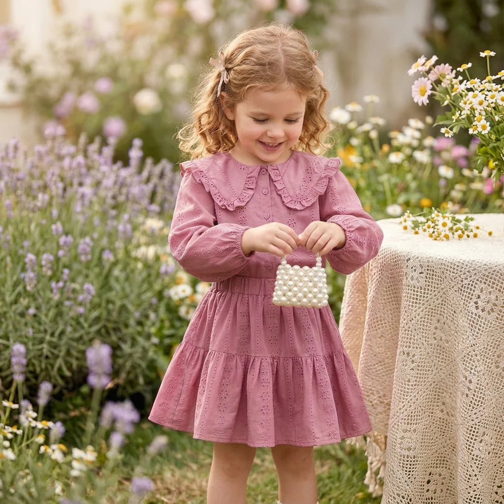 Spring and Autumn Style 2-6 Year Old Girls' Pink Casual Suit with Collar Embroidery Top and Skirt Two-piece Set