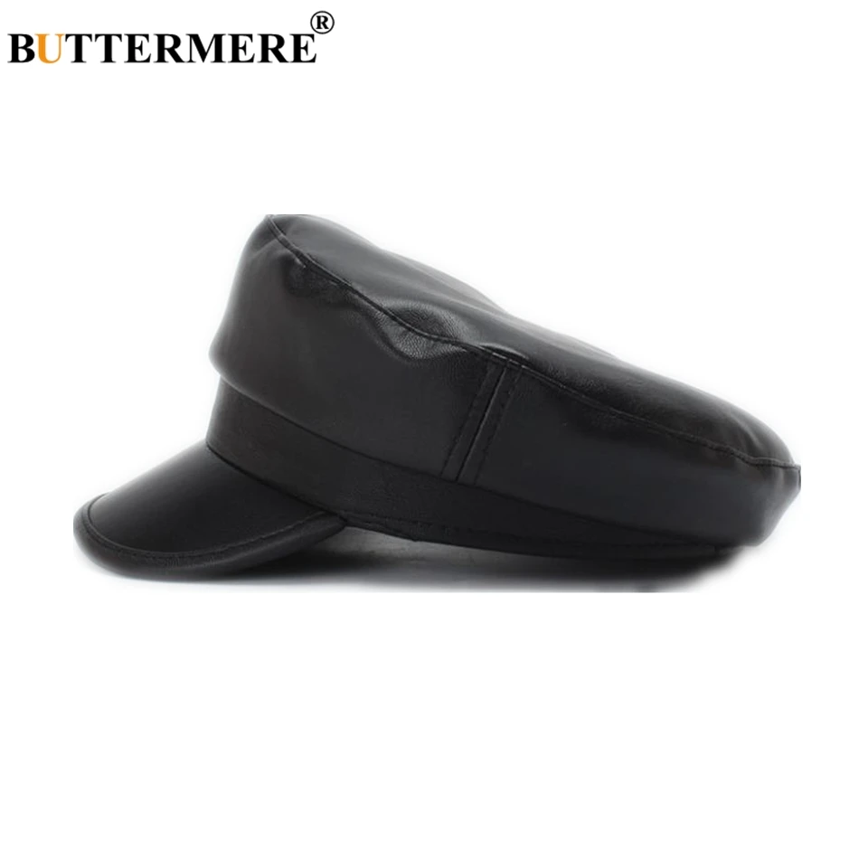 

BUTTERMERE Black Leather Military Hat Women Army Cap Ladies Baker Boy Hat Spring Autumn Duckbill Female Newsboy Flat Top Hat
