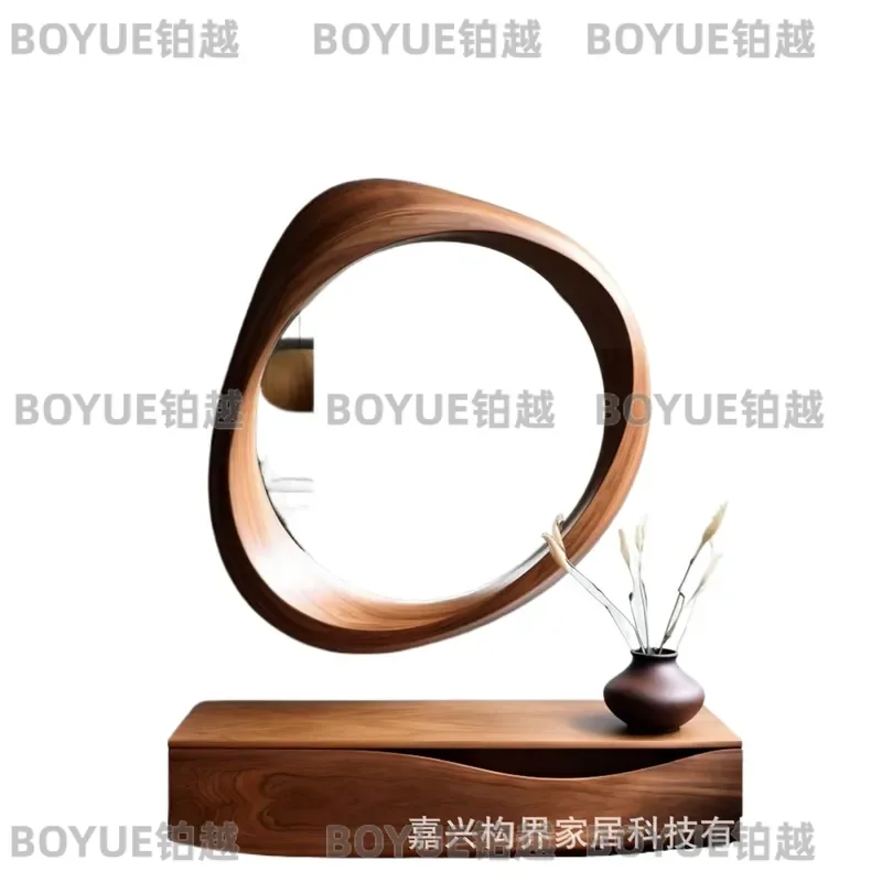 Zen Medieval New Chinese Style Solid Wood Irregular Wall Mirror Full Length Decorative Hanging Glass for Living Room Home