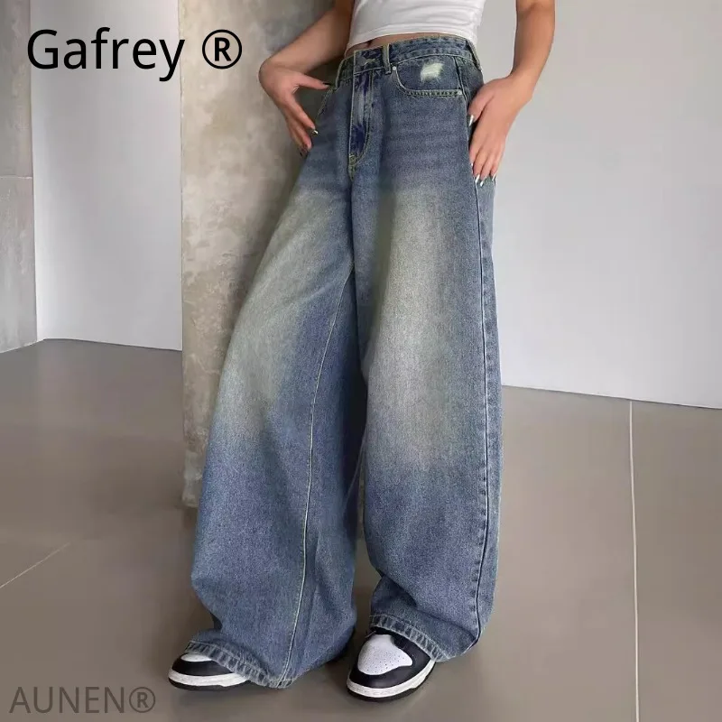 Women's Washed Blue Wide Leg Jeans,High Waist Ripped Baggy Jeans, Vintage Loose Straight Trousers, Casual Long Baggy Denim Pants