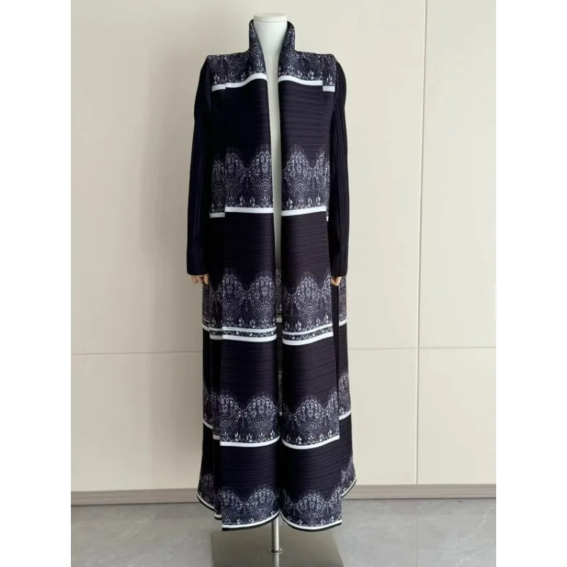 Miyake Pleated Long Coat Muslim Abaya Fashion Women Loose Black Printed Cardigan Full Sleeve Tie Robe